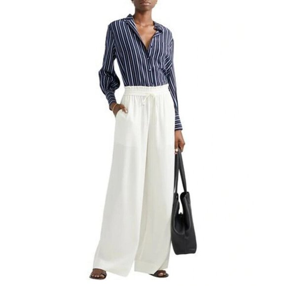 CO Striped Silk Crepe De Chine Shirt Sz XL Blue Button Front Band Collar Blouse - Picture 2 of 12